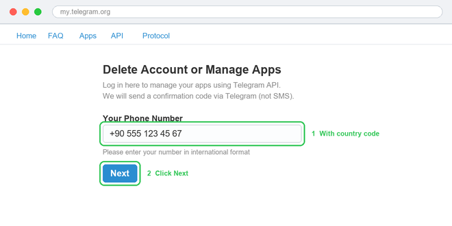 my.telegram.org login screen — enter phone number in international format and click Next