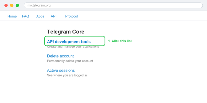 Telegram Core page — click the API development tools link