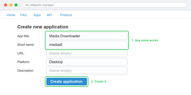 Create application form on my.telegram.org with title and short name fields